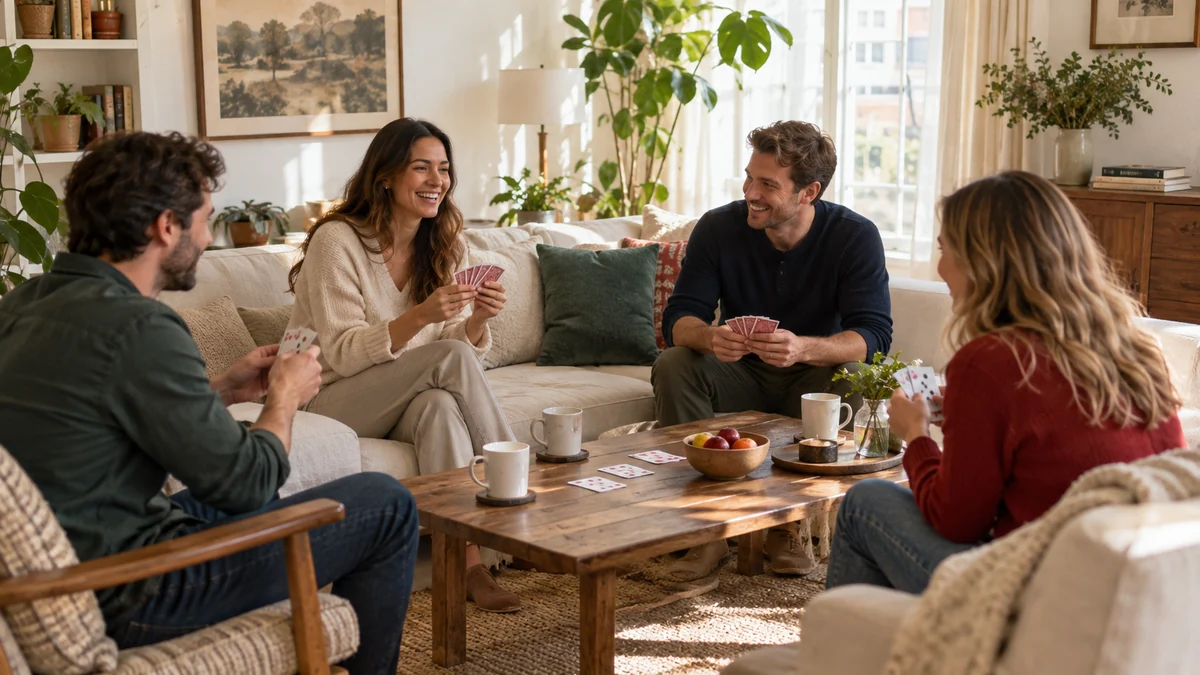 午后客厅中朋友相聚进行扑克游戏交流